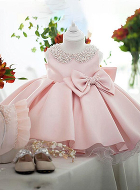 Toddler White Wedding Satin Princess Baby Girl Dress Bow 1 Y