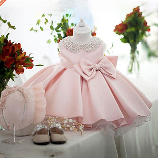Toddler White Wedding Satin Princess Baby Girl Dress Bow 1 Y