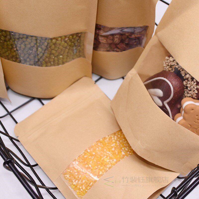 10pcs Kraft Paper Window Zipper Bags Reusable Sealing Candy