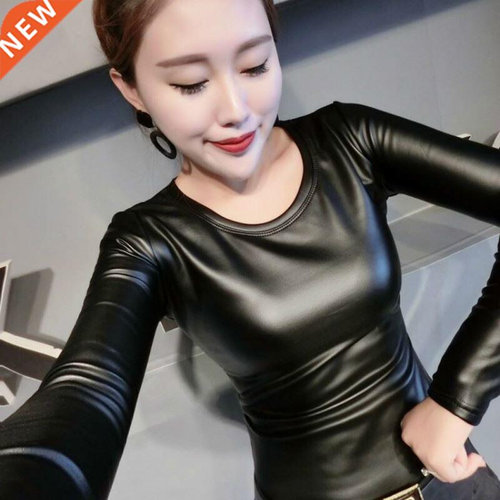 2020 Winter Long Sleeve O-Neck PU Leather T-shirts Women Plu