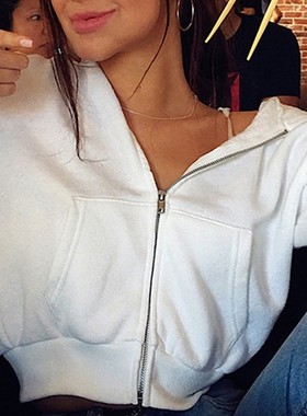 Sexy Zipper Hoodies Drawstring Sweatshirt Women Crop Jacket