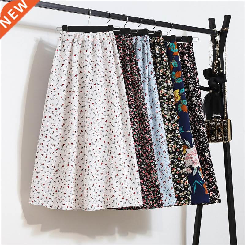 Summer Skirts Womens 2021 Vintage Floral Print Chiffon A-Lin图片