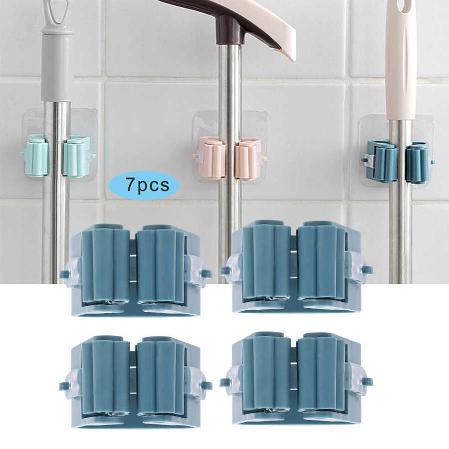 7Pcs Hanging Mop Rack Seamless Adhesive Paste Clip Bathroom