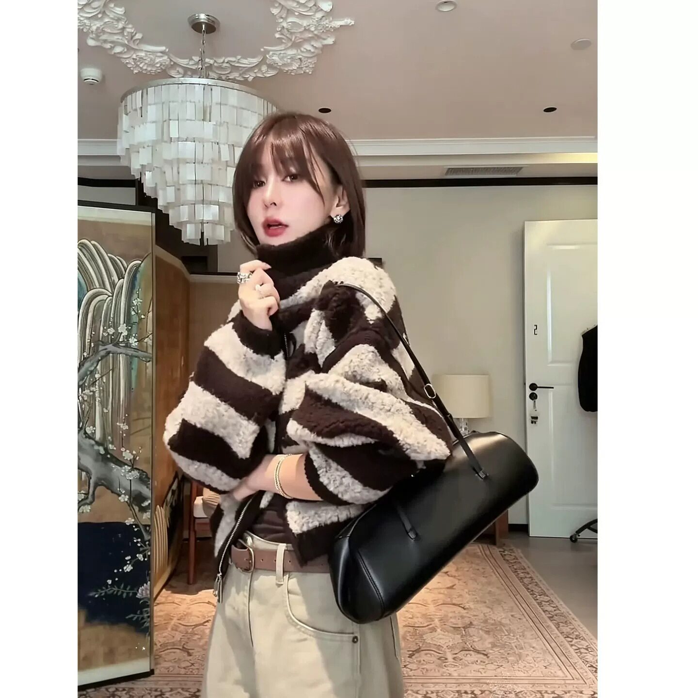 美拉德撞色条纹高领毛衣外套女秋冬穿搭软糯加厚短款拉链针织开衫