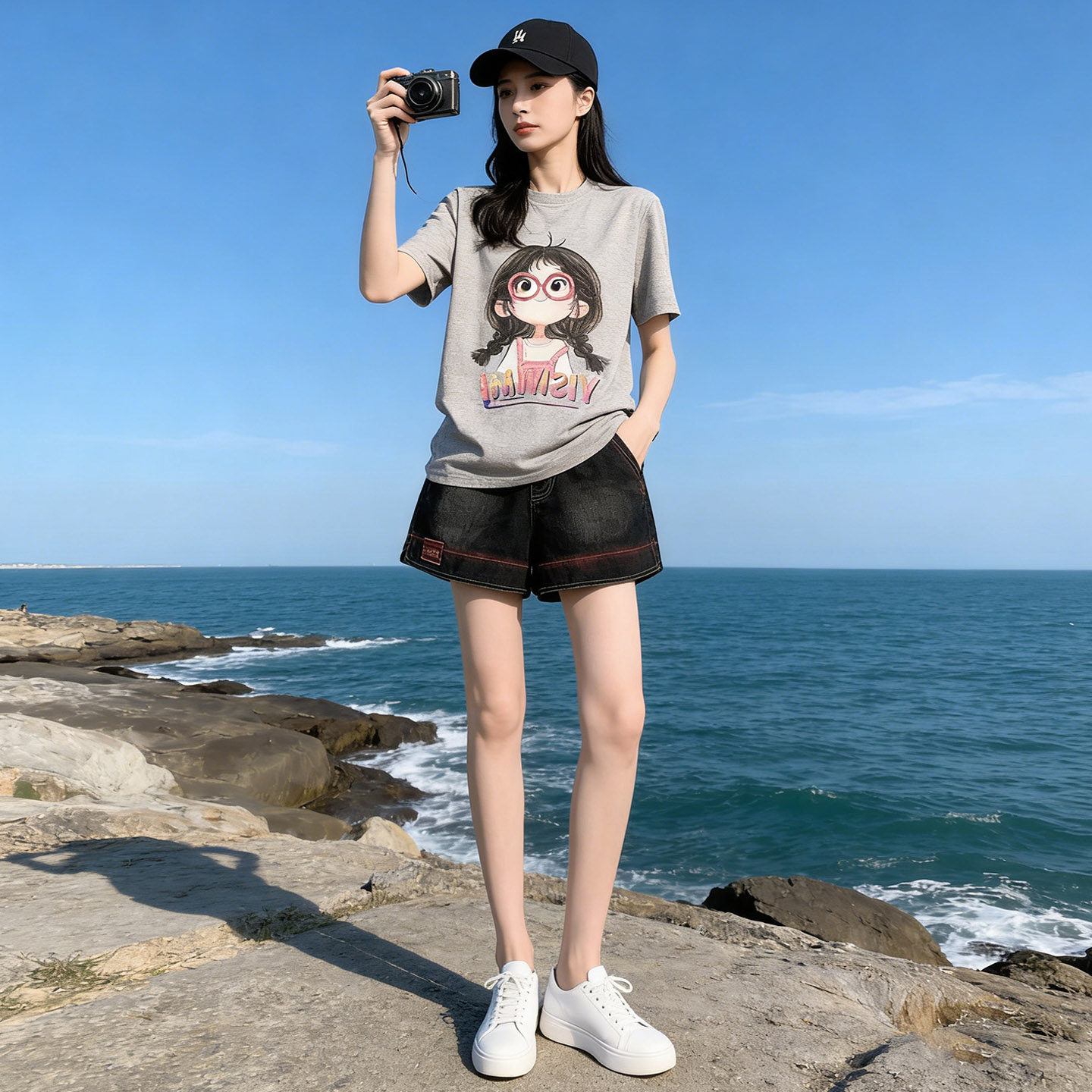 女夏季新款韩版运动休闲套装圆领卡通印花短袖宽松牛仔短裤两件套