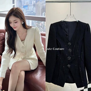 特惠【富家千金】重工钉珠手工珍珠设计款黑色小香风外套千金风