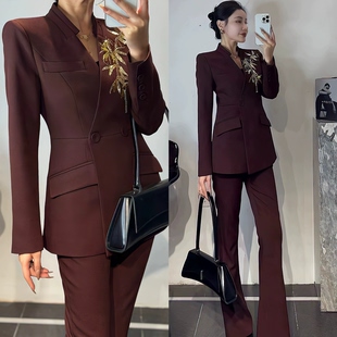 特价 2025秋款-高定富贵竹设计职业装套装/棕红色设计感西装套装