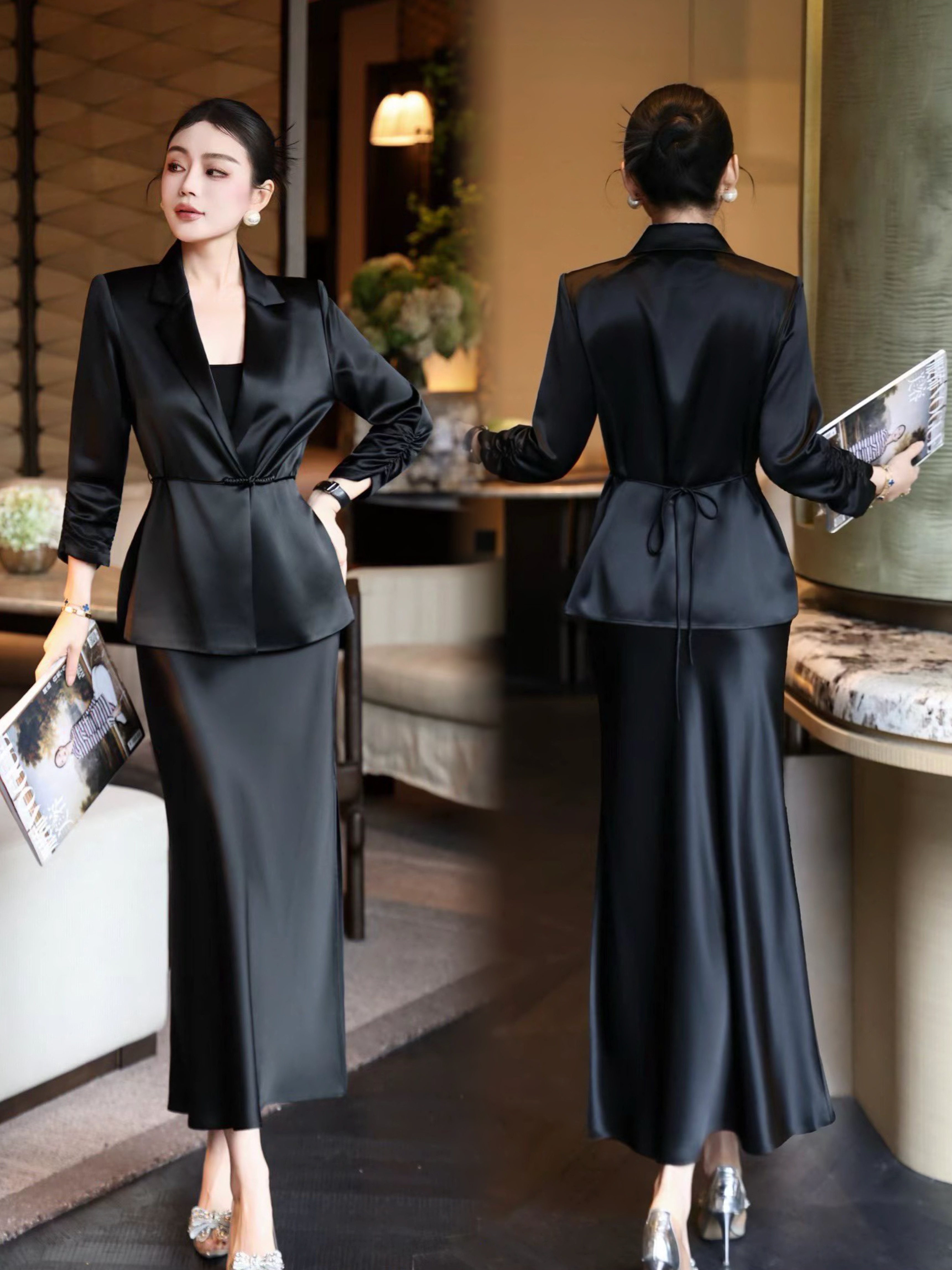 【醋酸套装裙】设计师款2026春夏盘扣系带设计醋酸西装外套/半裙