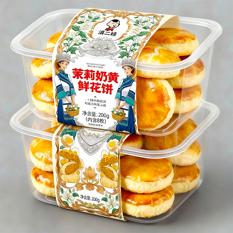 滇二娃云南茉莉奶黄鲜花饼特产茉莉花饼盒装酥皮糕点早餐零食小吃