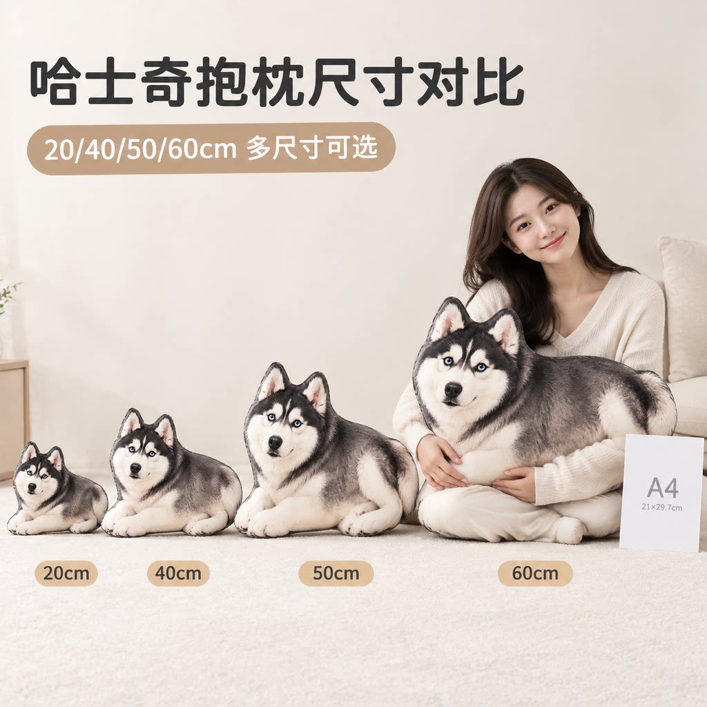 仿真哈士奇犬印花抱枕蓝眼睛二哈毛绒靠垫沙发午睡装饰枕头礼物