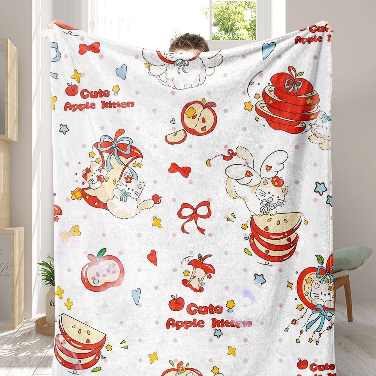 苹果猫法兰绒盖毯专用午休毯午睡新款可机洗时尚潮流加厚盖毯