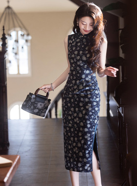 无袖长款旗袍天丝面料蓝色印花礼服2025夏季新款双层修身显瘦长裙