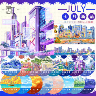 景物志#7月新品夜景晴天火云高楼虹桥海天空造景建筑胶带手账拼贴