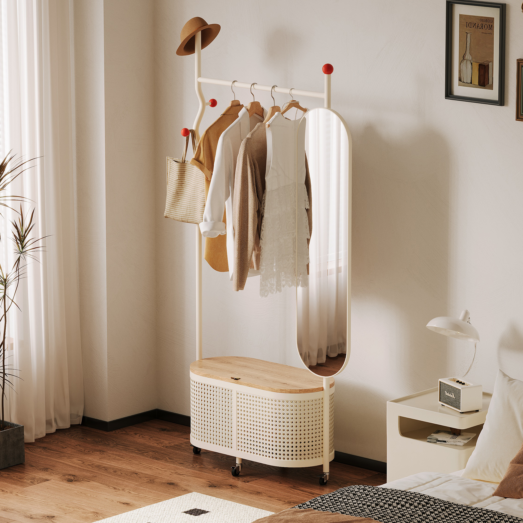 法式卧室落地挂衣架镜子全身镜衣帽架一体移动全身镜简易防尘新款