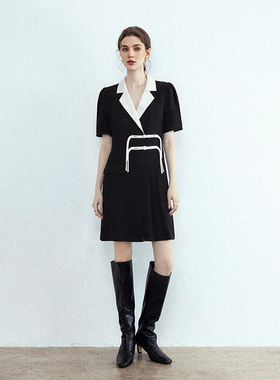 熟女风撞色通勤风短袖连衣裙女黑色百搭款收腰A字裙通勤商务短裙