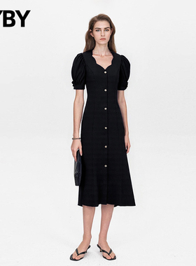 布衣布语修身法式优雅连衣裙女夏季新款高腰显瘦气质中长款小黑裙