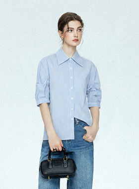 通勤简约风蓝色条纹衬衫女五分袖宽松显瘦设计感上衣翻领休闲女装