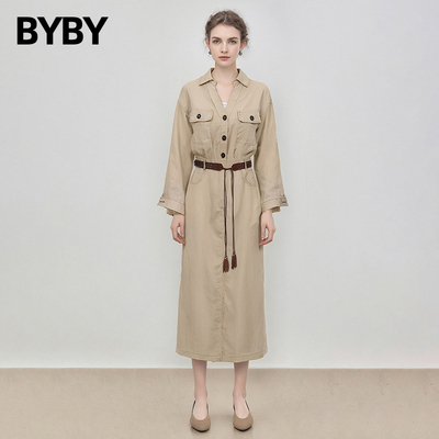 布衣布语天气亚麻衬衫连衣裙女