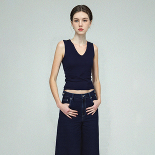 休闲风静酷风简约V领修身短款背心女无袖内搭显瘦打底衫女装上衣