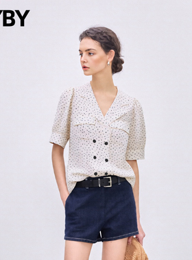 法式波点V领短袖衬衫女夏季双排扣上衣高级感纽扣轻奢风宽松女装