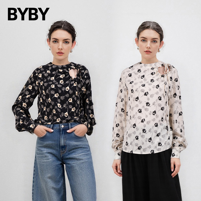 【现货】布衣布语印花长袖衬衫女2025秋季设计感小众圆领内搭上衣