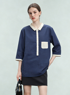 学院风翻领亲肤透气撞色POLO衫女五分袖宽松休闲短袖T恤蓝色上衣