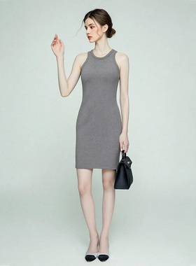 时尚休闲气质中长款连衣裙轻熟优雅无袖圆领修身背心连衣裙