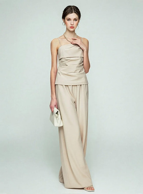 夏季慵懒松弛感极简褶皱米色吊带背心套装女通勤休闲时尚内搭