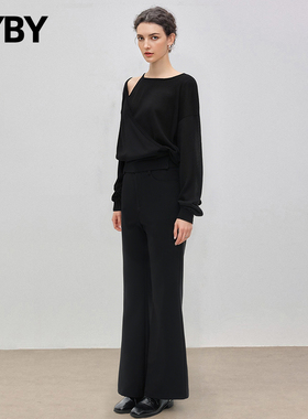 【现货】布衣布语黑色休闲裤女2025秋季高腰喇叭裤垂坠感通勤长裤