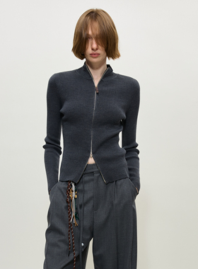 PHISM25年秋冬新款高领针织开衫女款针织拉链开衫红色毛衣