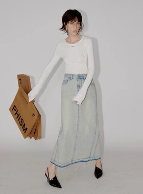 PHISM春夏季新款圆领结构打底女针织修身纯色T恤袖口开衩上衣