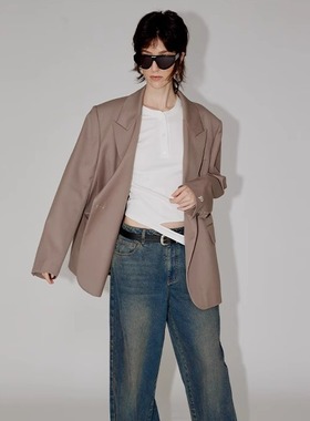 PHISM春季新品宽肩廓形西装女戗驳领净色休闲通勤单排扣西服