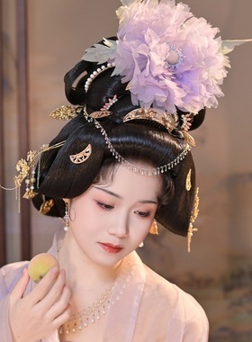 玲珑阁原创浅紫色渐变真丝烫花唐风汉服配饰发夹女百搭牡丹清冷风