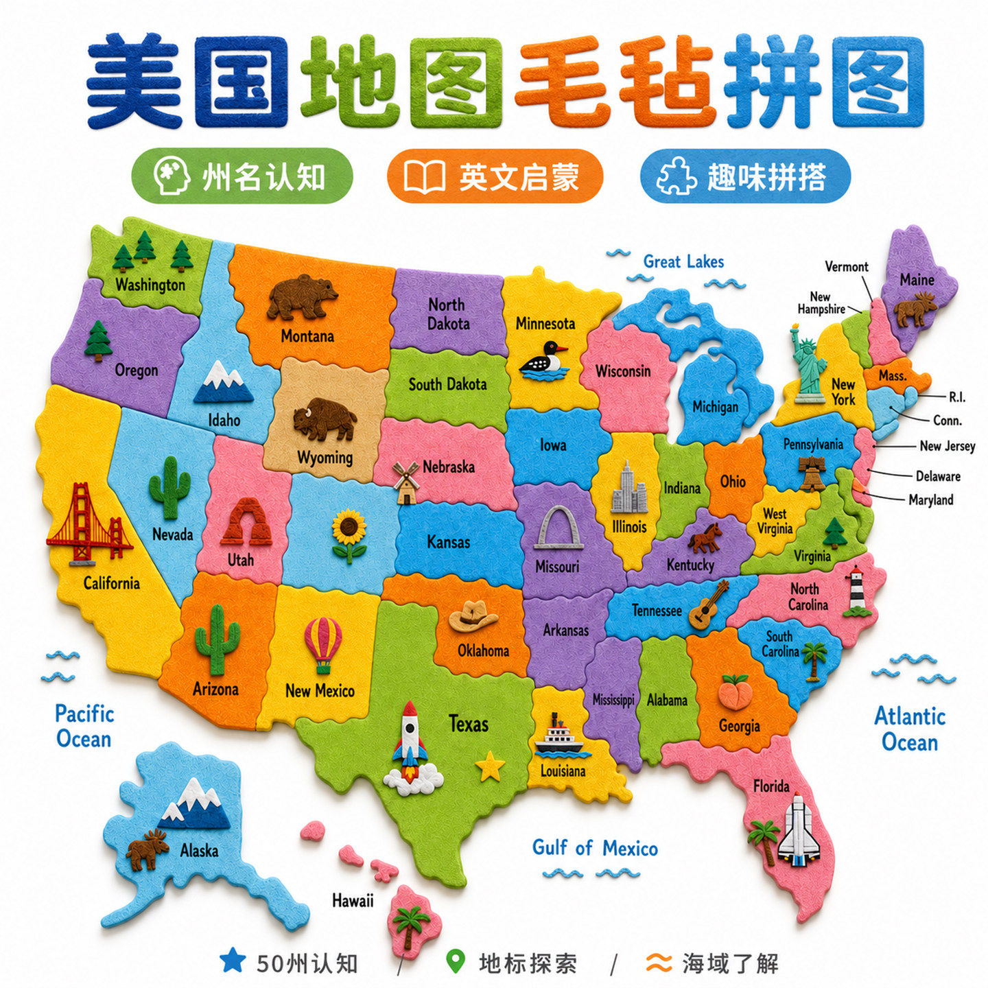美国地图毛毡拼图英语启蒙教具