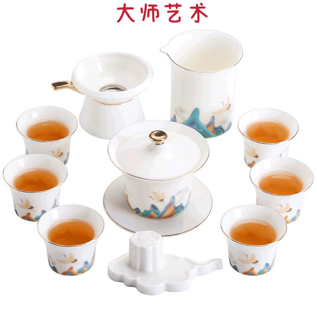 大师艺术德化白瓷茶具年会礼品茶具国潮风鹤瑞呈祥