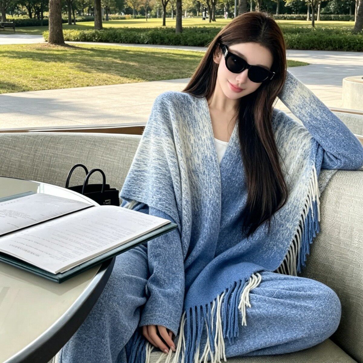 网红同款扎染渐变蓝披风秋冬双面提花保暖开叉斗篷简约高级感外搭