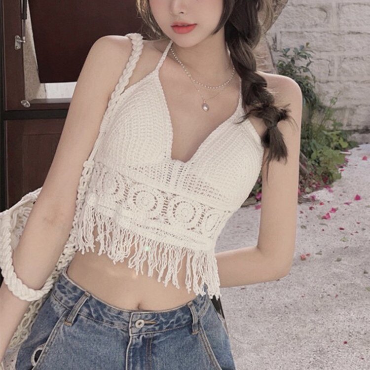 夏季海边度假露背流苏吊带时尚性感带胸垫镂空针织比基尼背心上衣