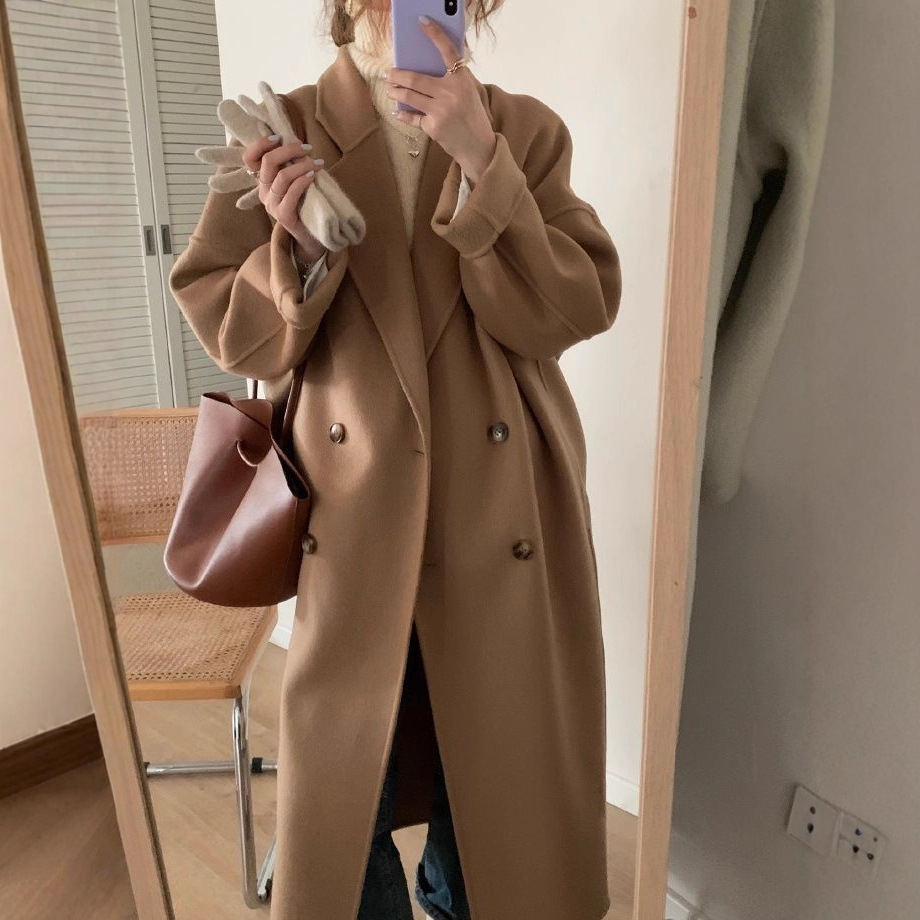 高级感中长款毛呢外套女2025秋冬直筒宽松大衣双排扣韩系呢子大衣