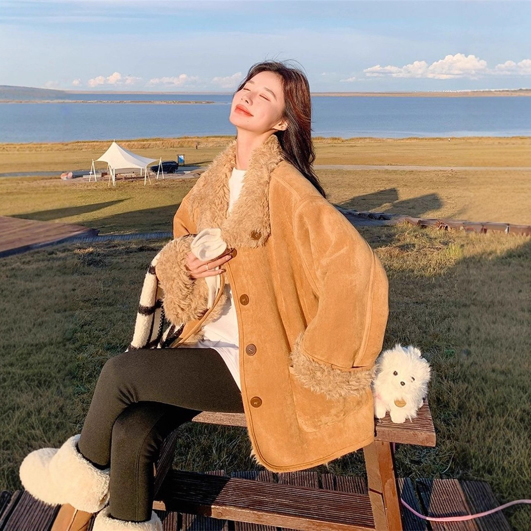 2025冬新款两面穿羊羔毛外套女中长款皮毛一体机车服加厚保暖大衣