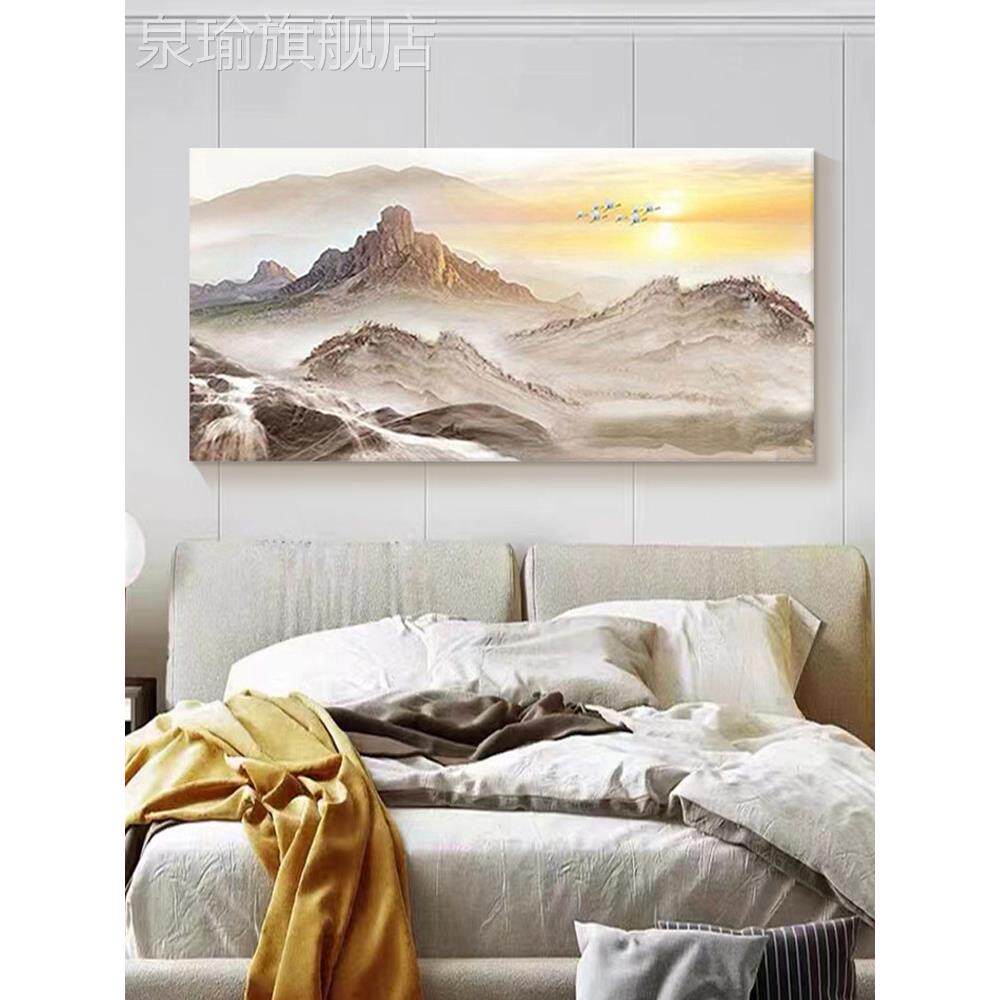 网红东新质中国风挂金山日出方客厅装饰画感山水手绘油画大书芬房