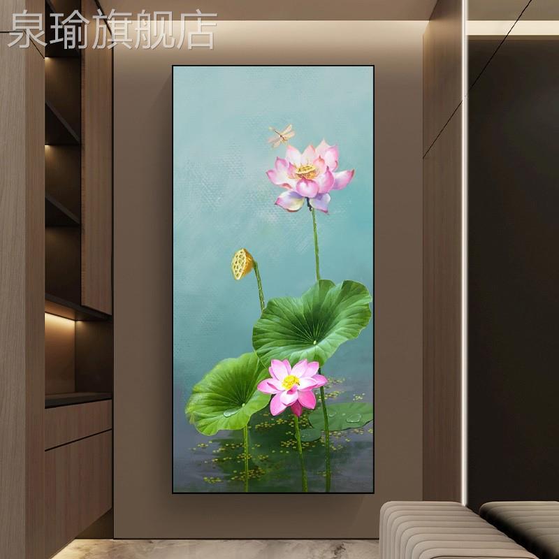 网红手绘玄荷花装饰画现简关约客厅沙背景墙挂画中式过道花卉油画图片