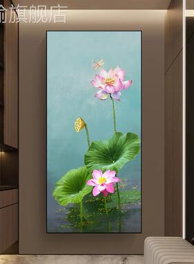 网红手绘玄荷花装饰画现简关约客厅沙背景墙挂画中式过道花卉油画