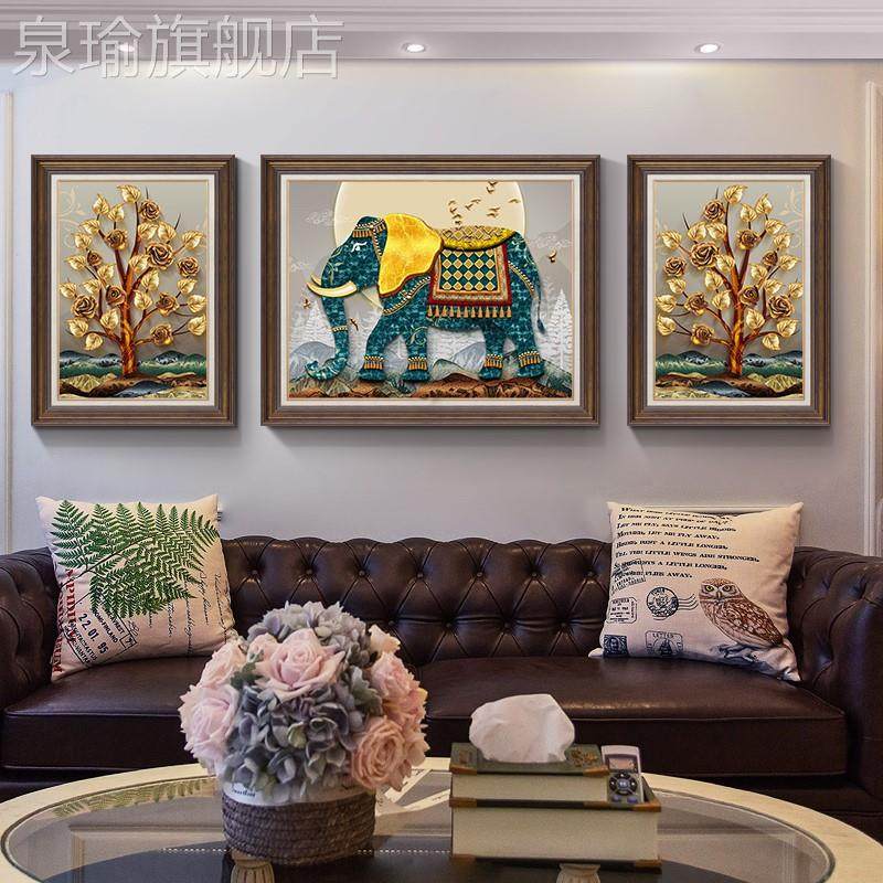网红美式客厅装发饰画沙背景墙简美挂轻画大象壁画复古奢三联画大