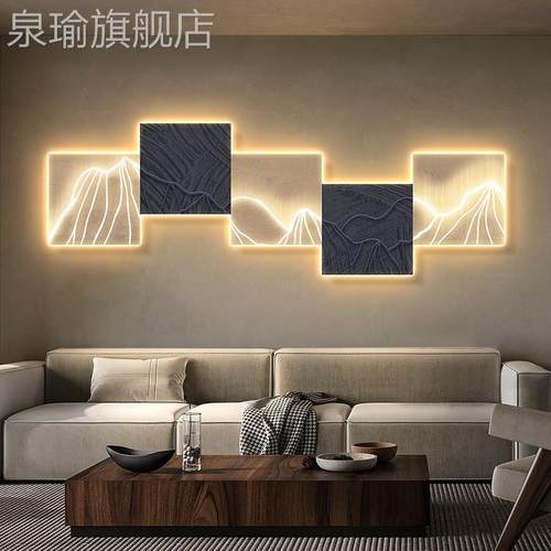 定做极简客厅不装饰画侘寂风肌理沙背发景墙挂画山水卧室规则带灯