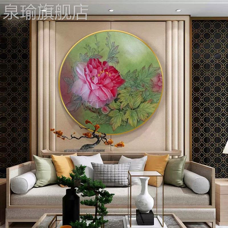 网红手绘油画牡丹卉花花开富贵客厅复装饰画新中式玄关餐厅圆形古图片