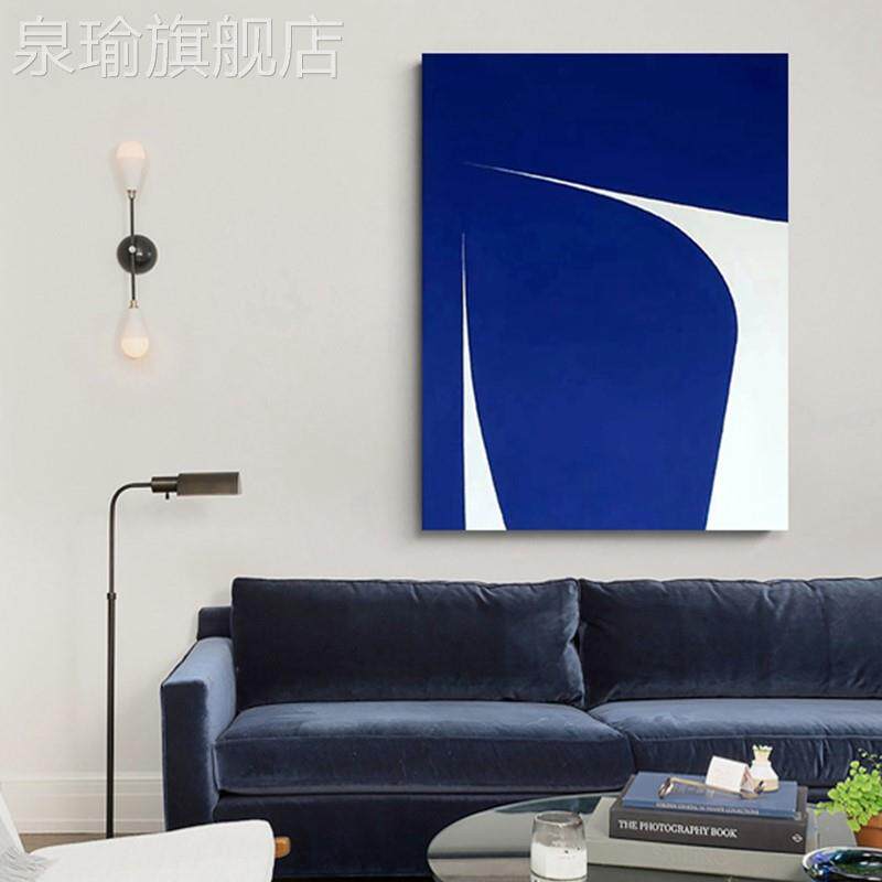网红莱因蓝饰色玄色关画手绘油画极简几何大竖块客厅装画版无框克
