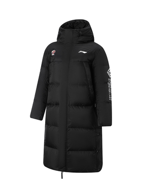 李宁长款加厚保暖防风运动外套黑色过膝CBA男长羽绒服AYMV485-1