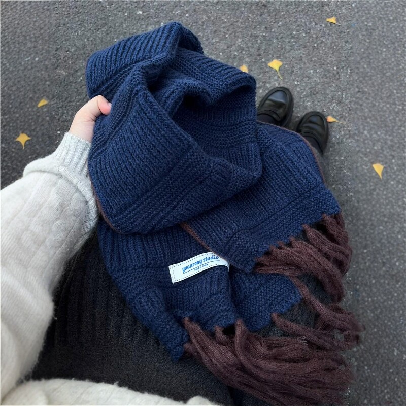 蓝色流苏围巾女外搭冬季围脖加厚保暖高级感脖套护颈披肩2025新款