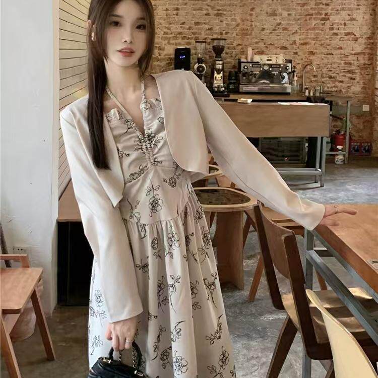 复古小众韩系收腰春秋季花朵印花遮肉显瘦设计感套装中长裙两件套