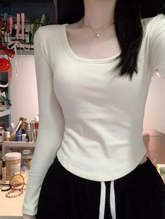 纯棉u领打底衫长袖t恤女春秋季内搭修身大码胖mm显瘦正肩短款上衣